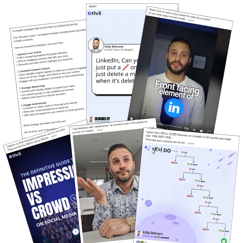 LinkedIn® content examples and post mockups from the Thrii cohort