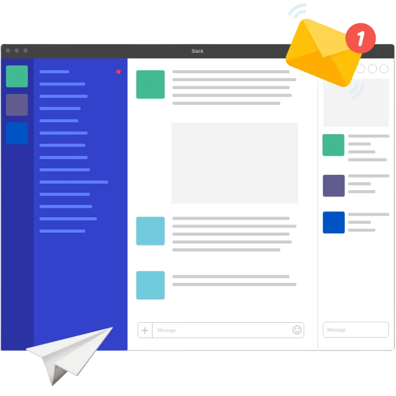Flat illustration of a Slack desktop window on a black background: a royal blue channel sidebar, a white chat feed with mint and teal avatars beside grey placeholder lines, a message box marked 'Message', a yellow envelope carrying a red 1 badge at the top right, and a white paper airplane at the bottom left.
