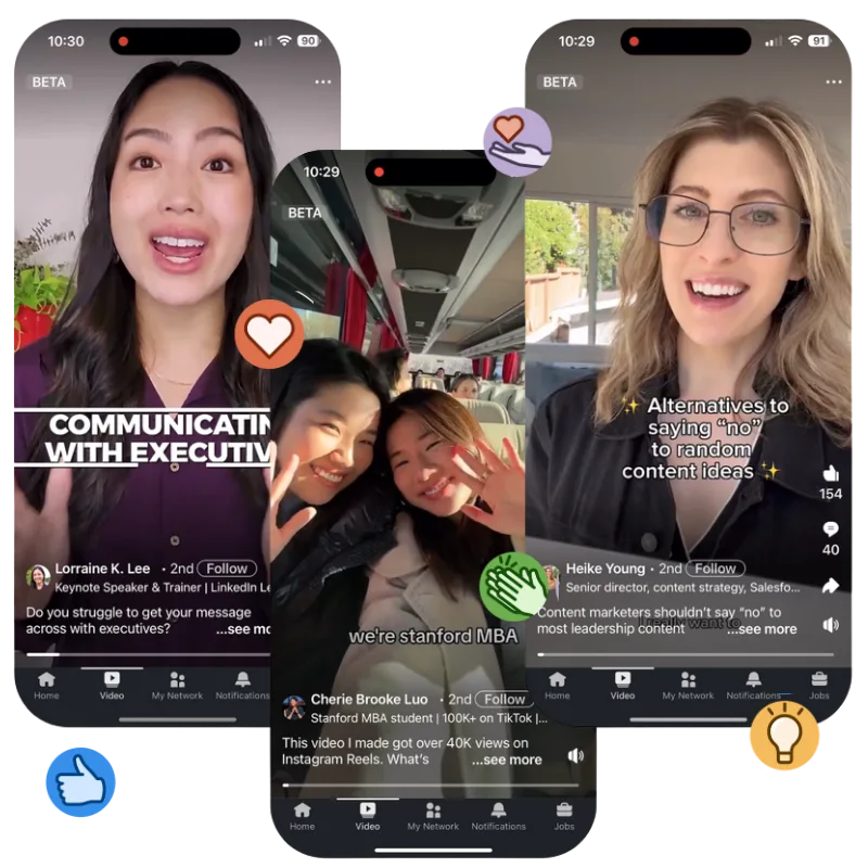 Three smartphones on a black background, each showing the LinkedIn® mobile app's vertical video feed marked BETA: a woman in a purple shirt speaking under the words 'Communicating with executives', two women waving from a coach bus seat, and a smiling woman with glasses outdoors under the words 'Alternatives to saying no to random content ideas', with five floating reaction badges in blue, coral, lilac, green and yellow.