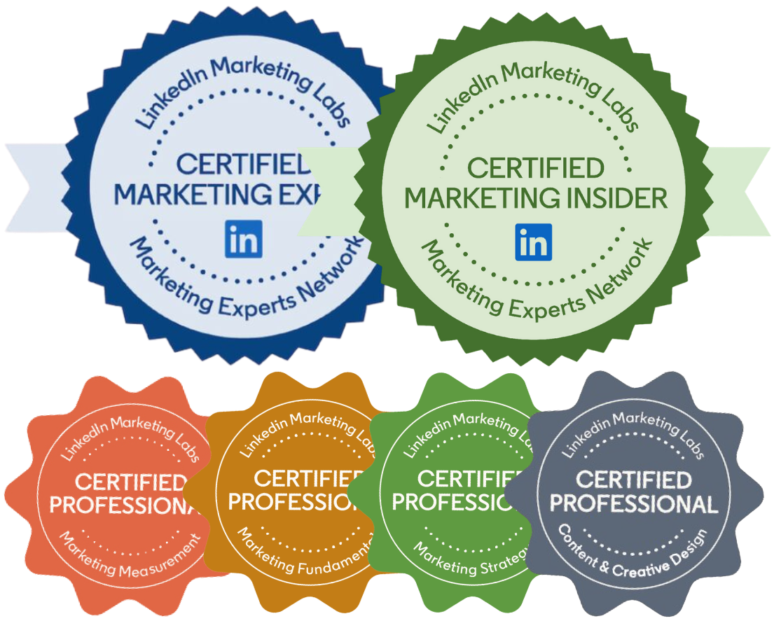 LinkedIn Marketing Labs badges: Certified Marketing Expert, Certified Marketing Insider, plus Marketing Measurement, Marketing Fundamentals, Marketing Strategy, and Content & Creative Design