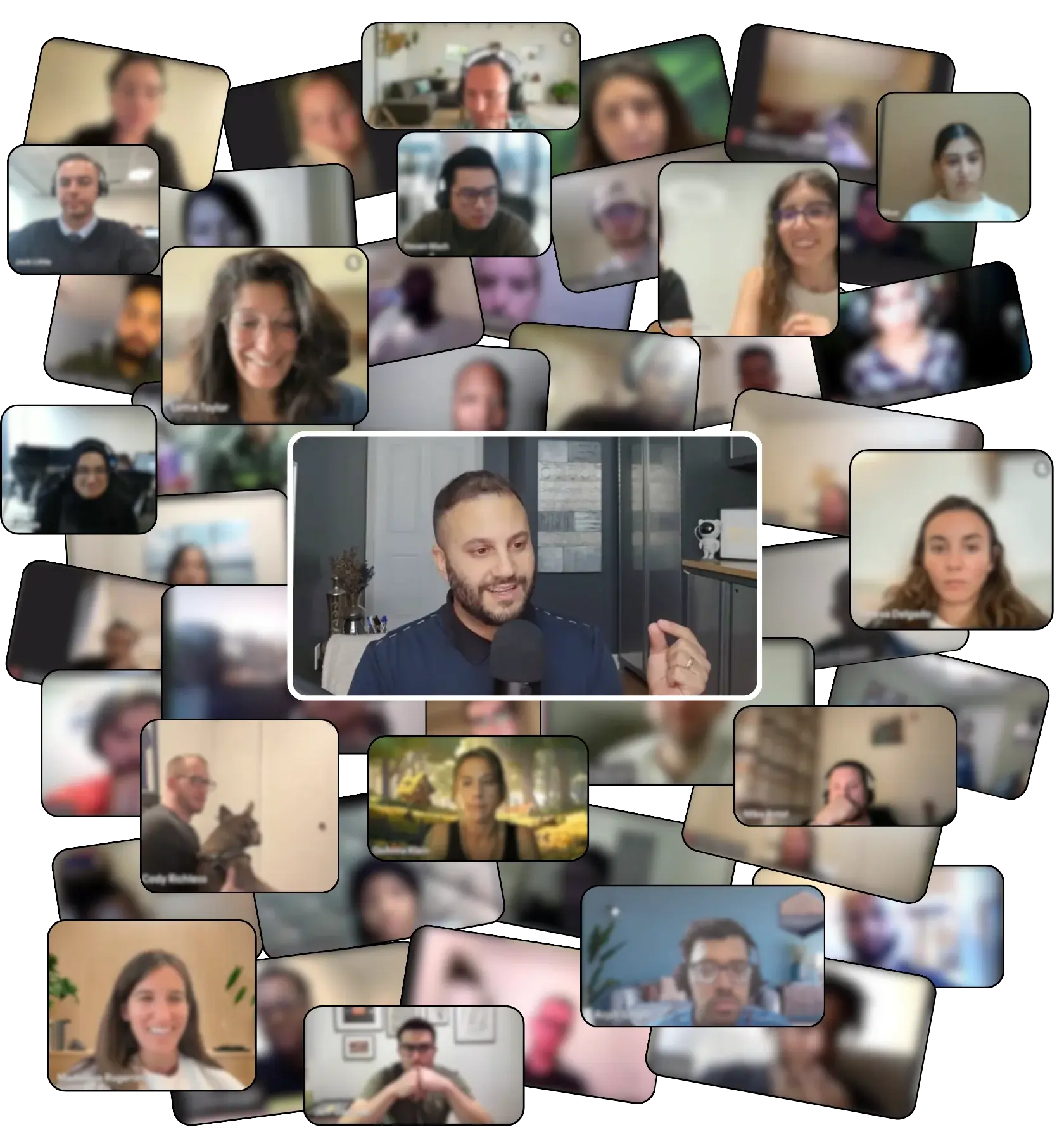 Collage of cohort members on Zoom calls with Eddy in the center