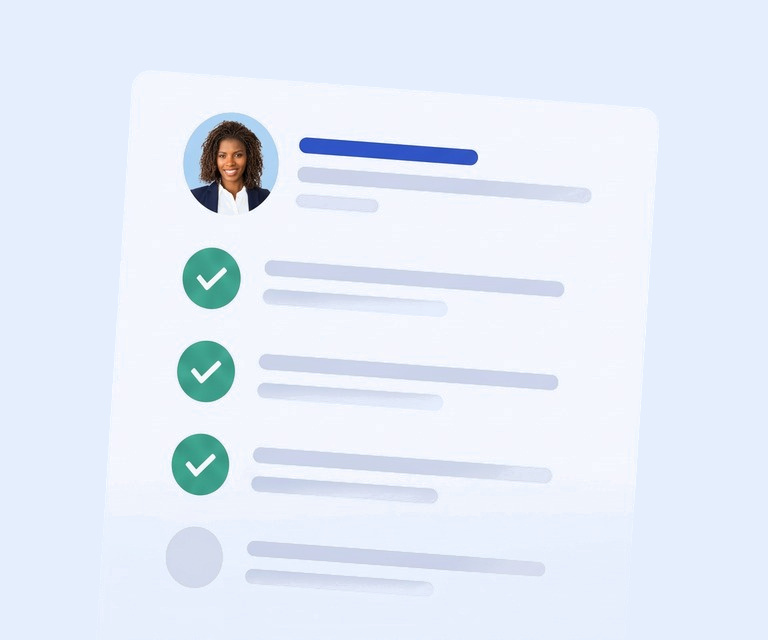 Checklist graphic on a pale blue background: a tilted white card holding a smiling woman's headshot in a round avatar, a blue title bar, and four rows marked with green checkmarks, the last one still empty